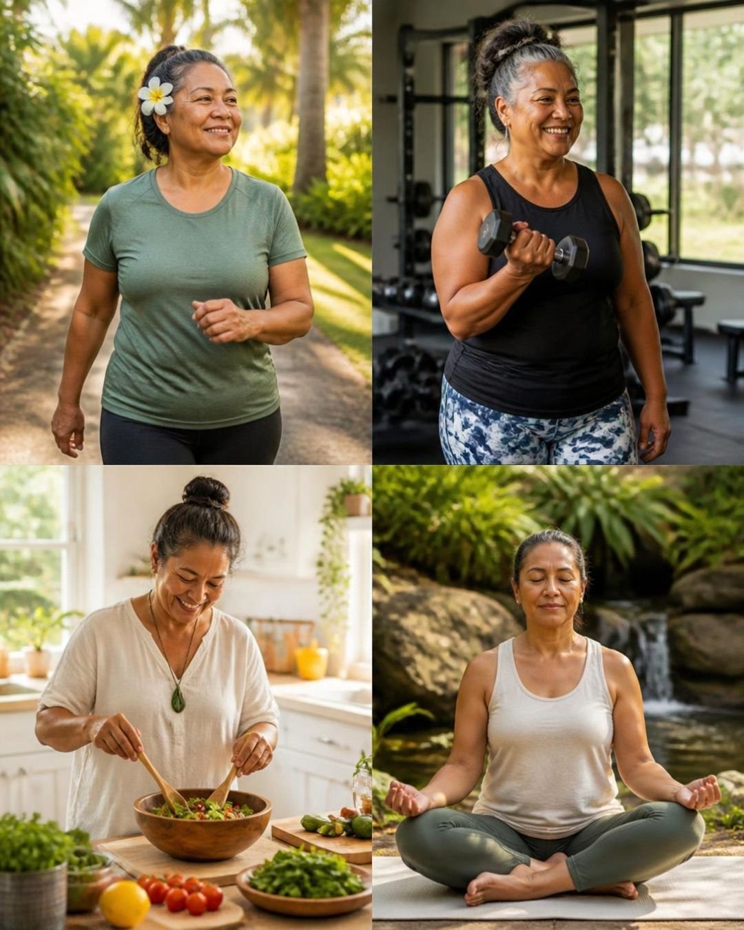 A woman over 45 enjoying walking, strength training, cooking healthy food and meditation
