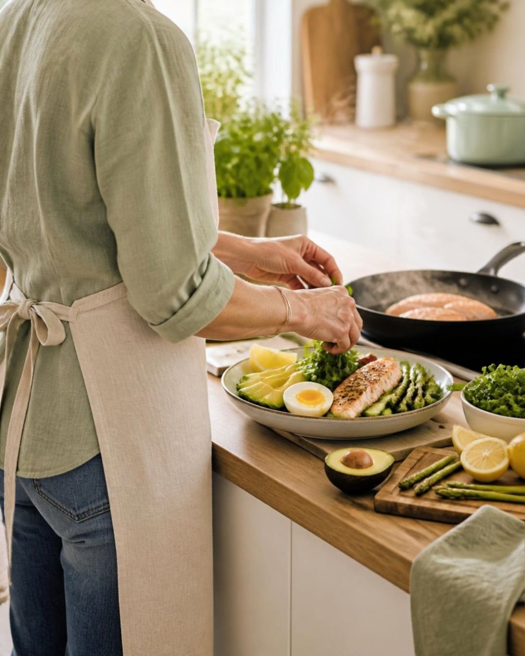 Preparing a fresh, healthy salmon and vegetable meal in a bright kitchen